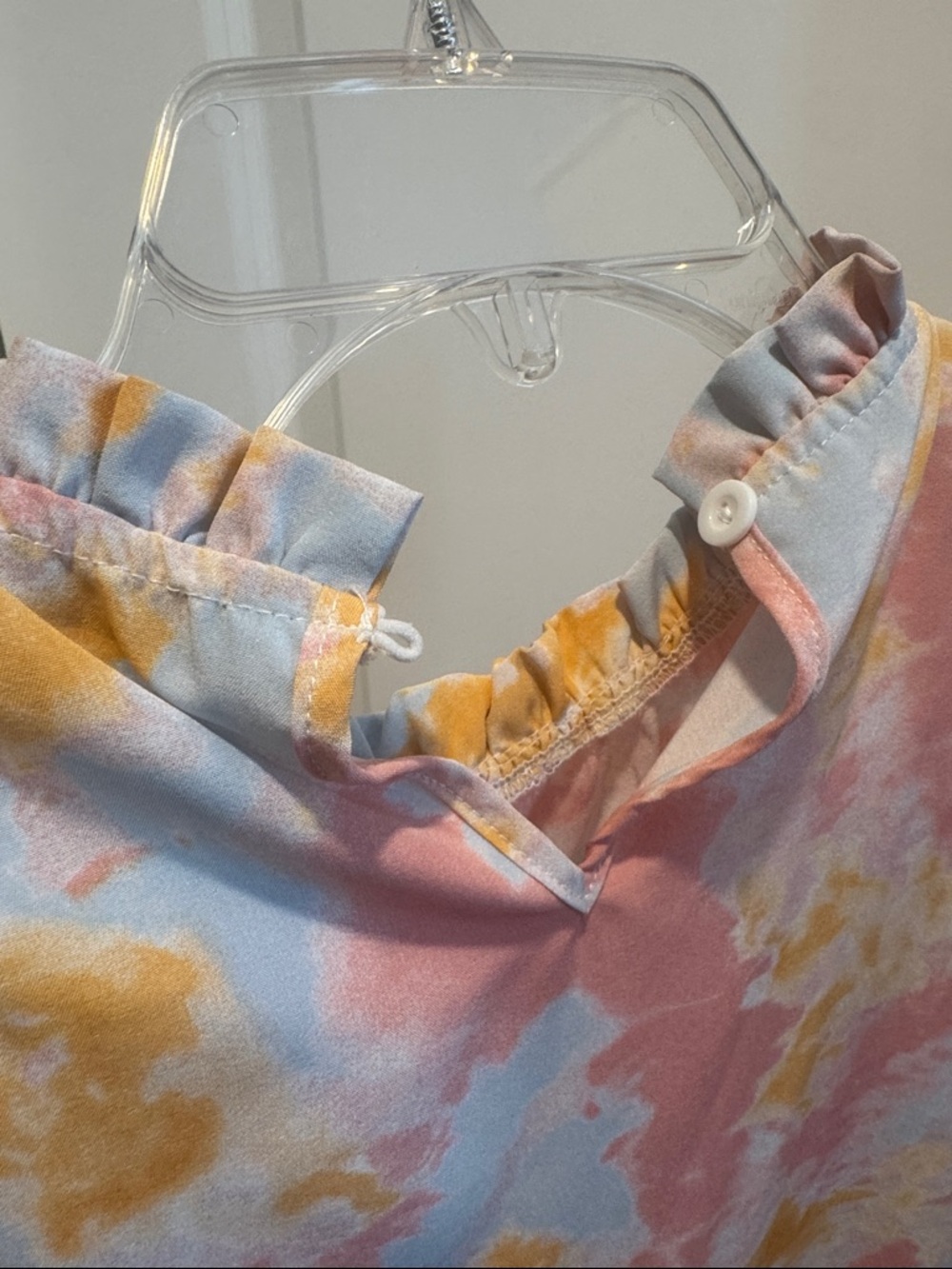 Woman’s Pink Orange Blue Spring Tie-Dye Ruffle Short Sleeve Top - Picture 5 of 9